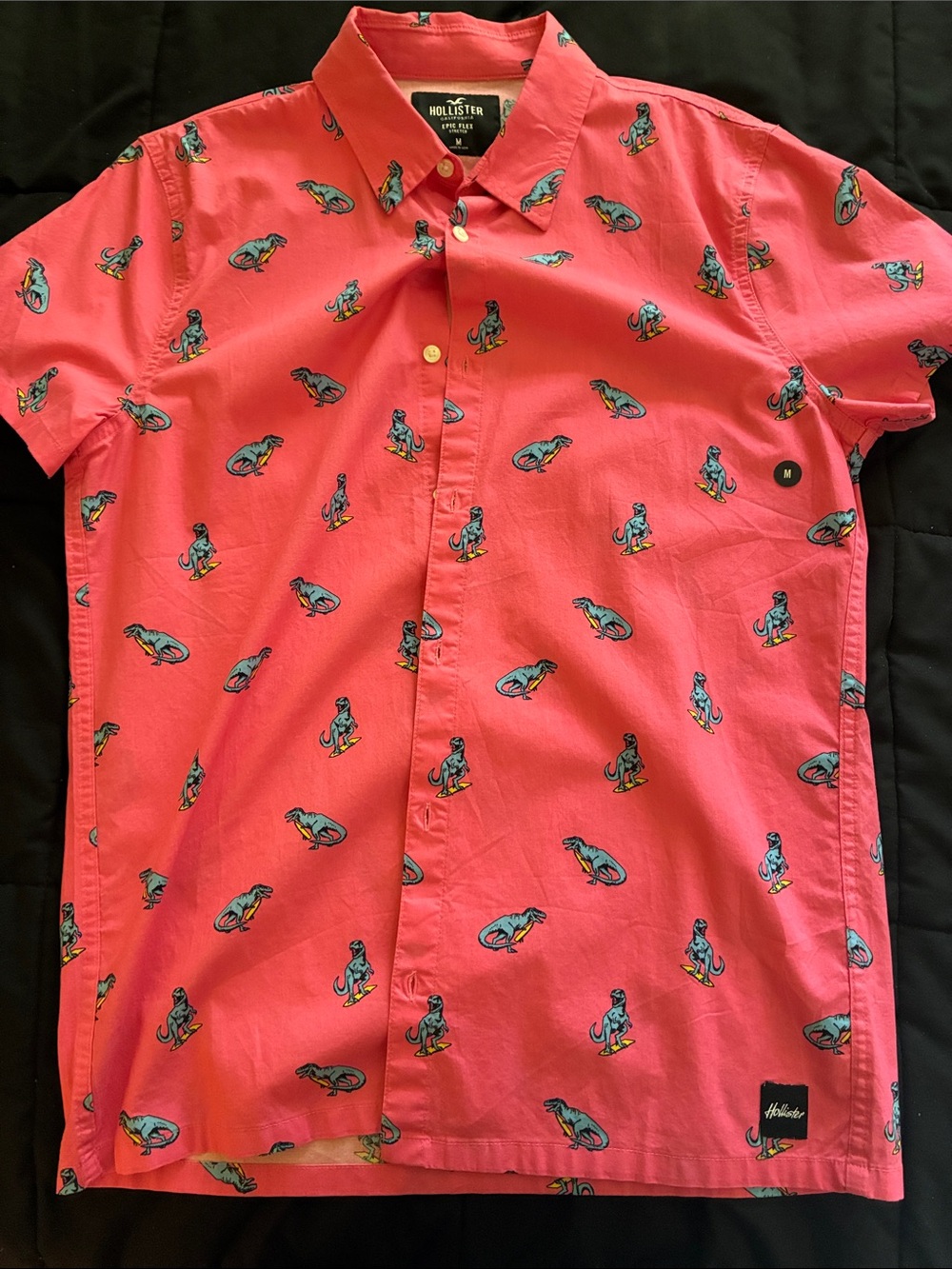 Hollister Men’s Bright Coral Short-Sleeve Button-Down with Surf Dog Print